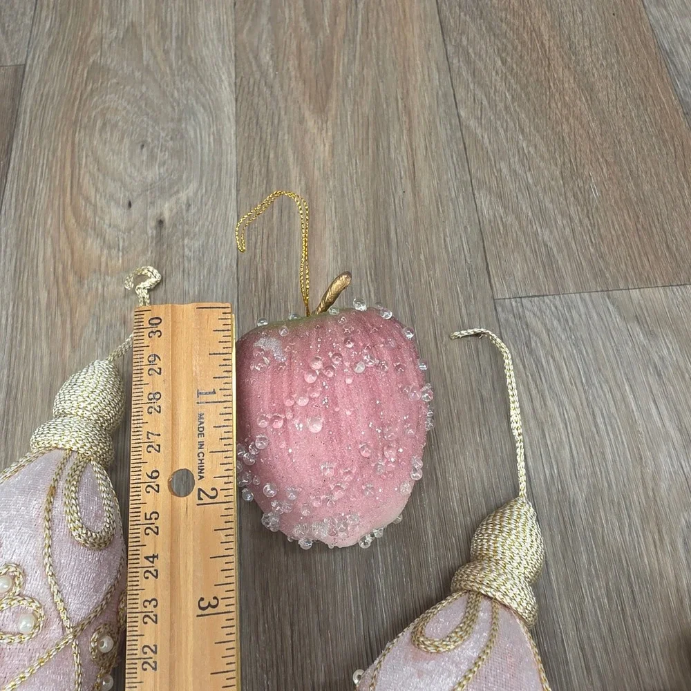 Vintage Pink Velvet Drop Snowman & Beaded Apple Christmas Ornaments Set of 4